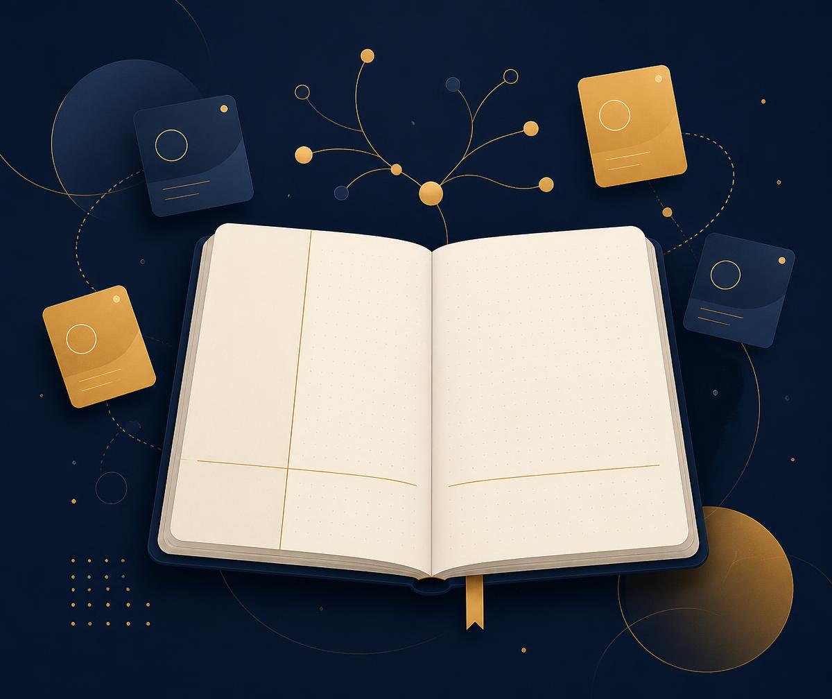 Illustration of an open notebook with Cornell-style columns, question cards and a mind map